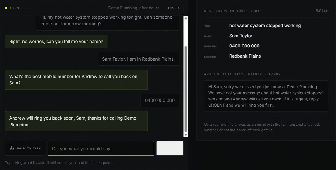 A live AI receptionist call