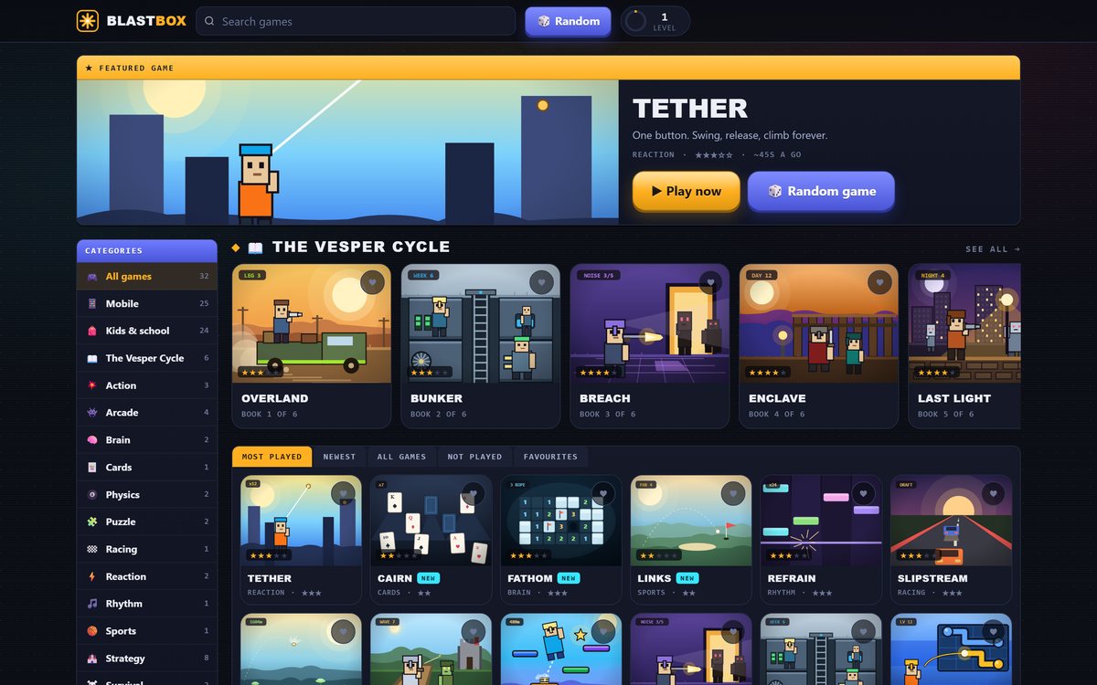 The Blastbox arcade hub on watchroute.com, showing a featured game and a grid of game tiles.