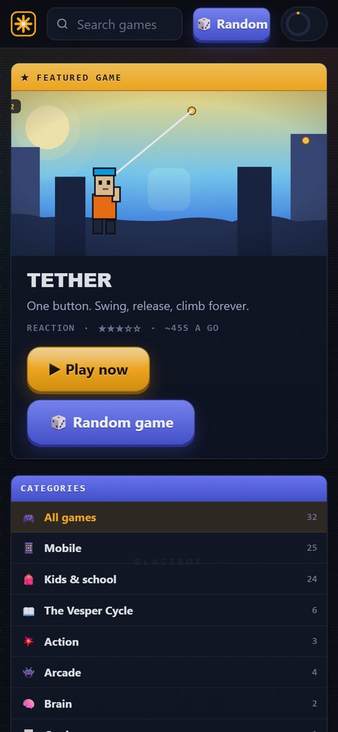 The same arcade on a phone, with the featured game stacked above the category list.