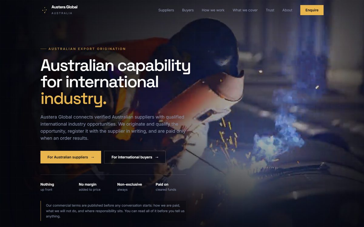 The Austera Global home page: the headline Australian capability for international industry over a photograph of a welder at work.