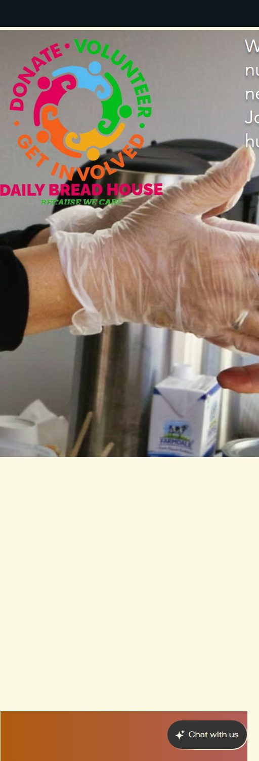 The old Daily Bread House site on a narrow screen. The paragraph of hero text is cut off at the right edge, so only the first two or three letters of each line are visible, and below the photograph is a tall band of empty cream coloured space.