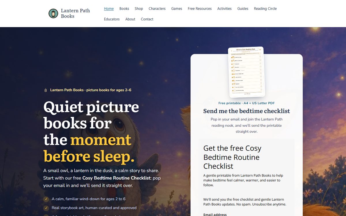 The Lantern Path Books home page: a night sky illustration behind the headline Quiet picture books for the moment before sleep, with a free bedtime checklist signup beside it.