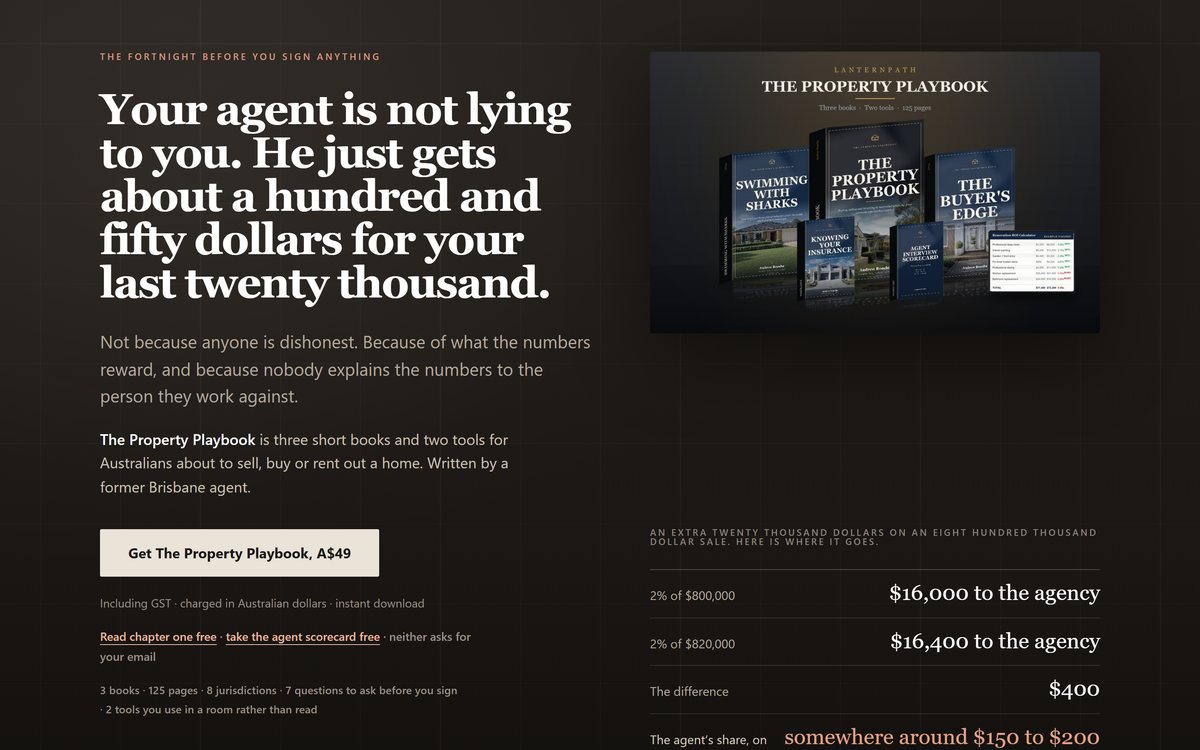 A long form sales page, dark, with a headline over a product render.
