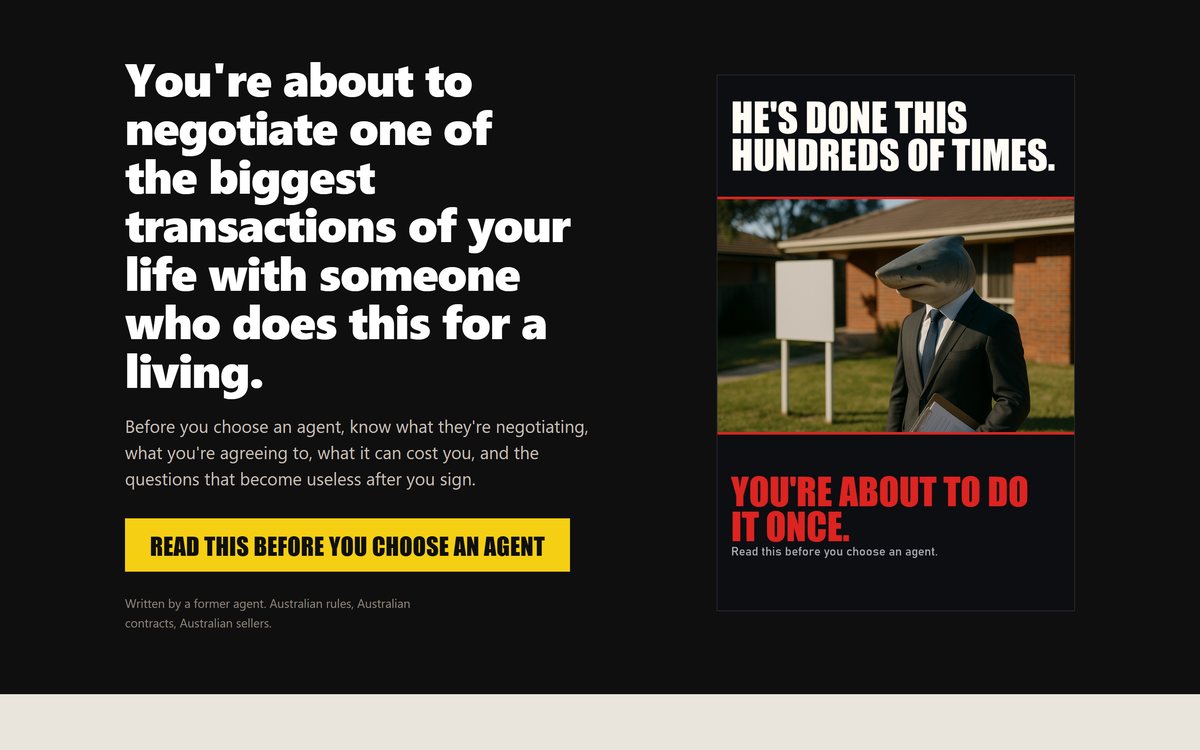 A high contrast landing page with a headline and a photograph.