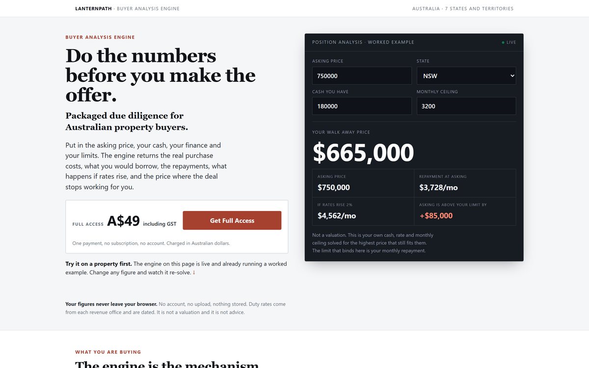A light product page with a dark calculator panel beside it, resolving a walk away price of $665,000.