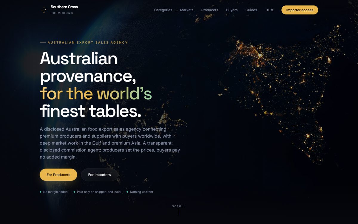 The Southern Cross Provisions home page: the headline Australian provenance, for the world's finest tables over a dark satellite image of the earth at night.